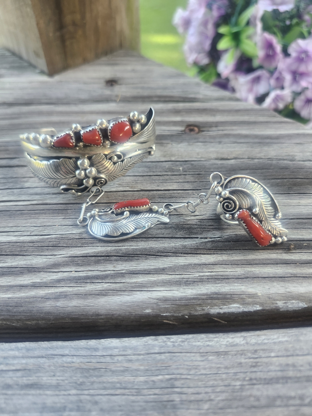 Rare Phil Chapo Sterling Silver Red Coral Slave Ring N Bracelet Size 7